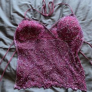 Vintage 2000s sheer purple backless beaded top